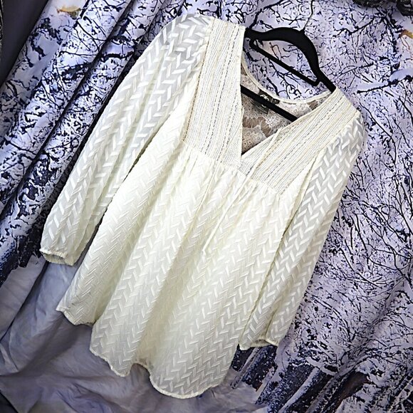 METALLIC CREAM LACE BLOUSE L Ivory White Gold Swim Cover Sheer Lined Boxy Summer - Picture 1 of 9